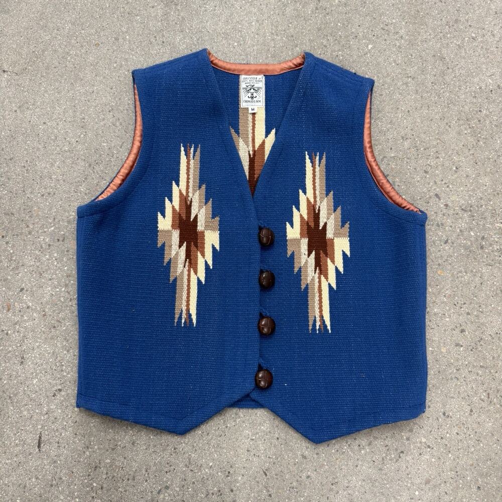 Vintage Ortega’s 100% All Wool vest Hand Woven Chimayo Blue Size Medium